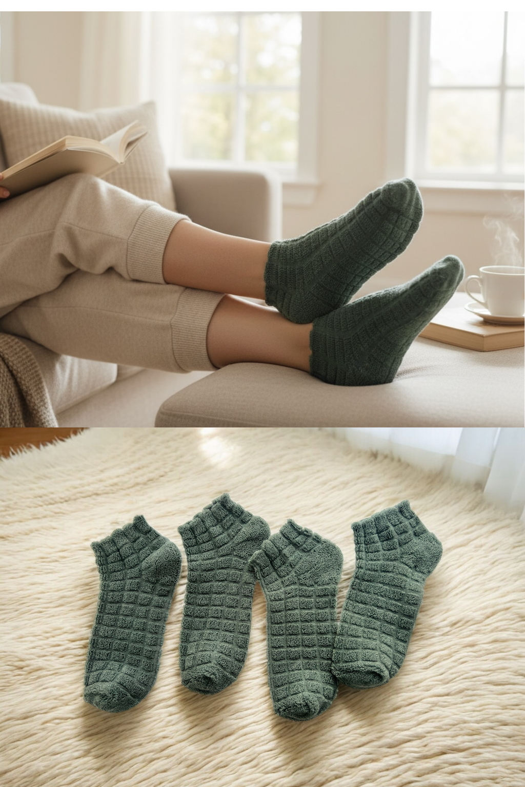 4'lü Kadın Ters Havlu Patik Çorap – Haki Yeşili