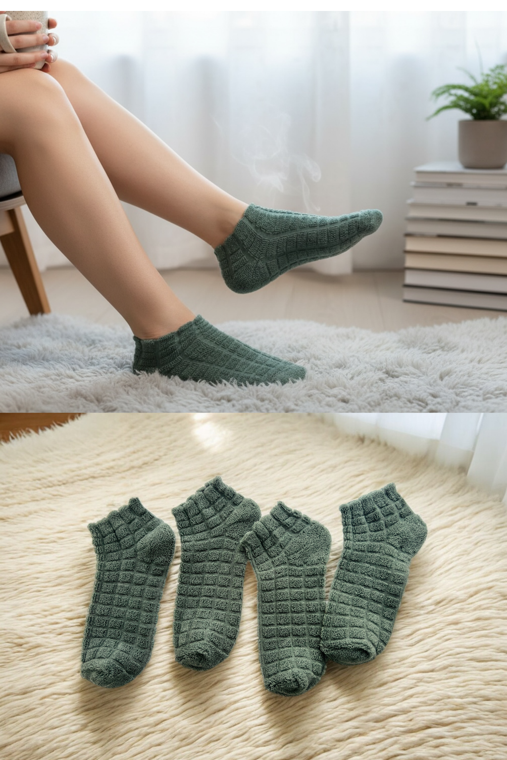 4'lü Kadın Ters Havlu Patik Çorap – Haki Yeşili