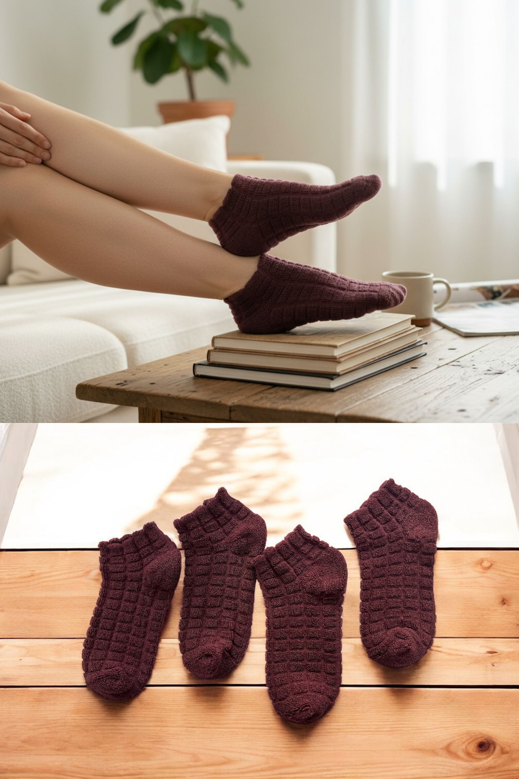 4'lü Kadın Ters Havlu Patik Çorap – Bordo Renk
