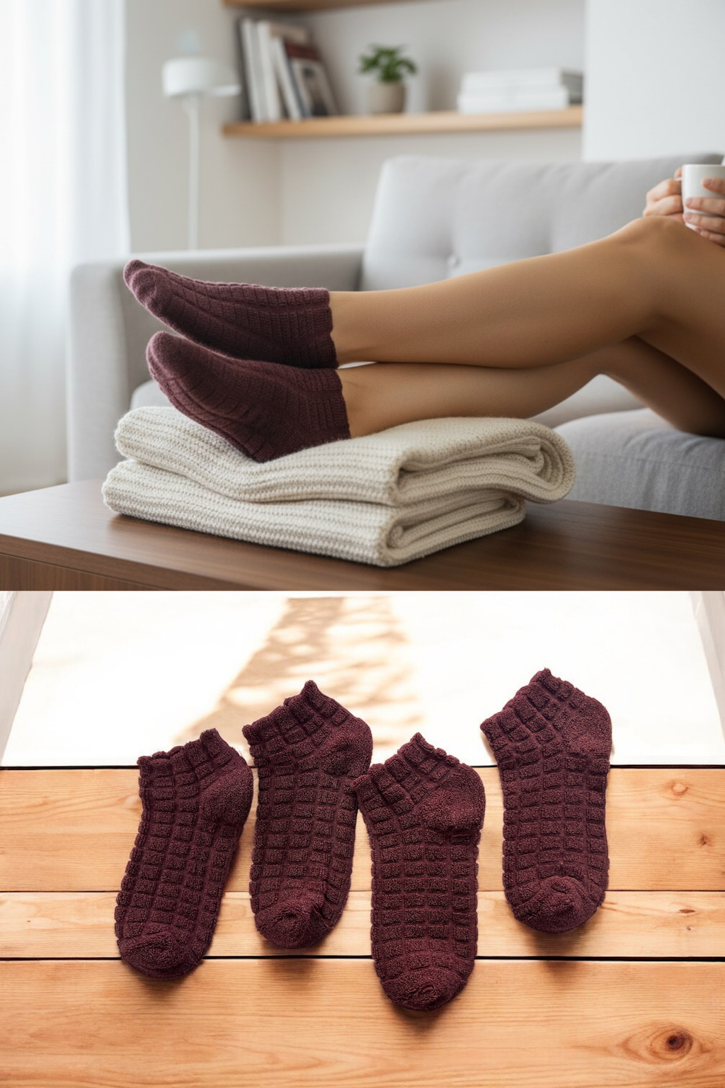 4'lü Kadın Ters Havlu Patik Çorap – Bordo Renk