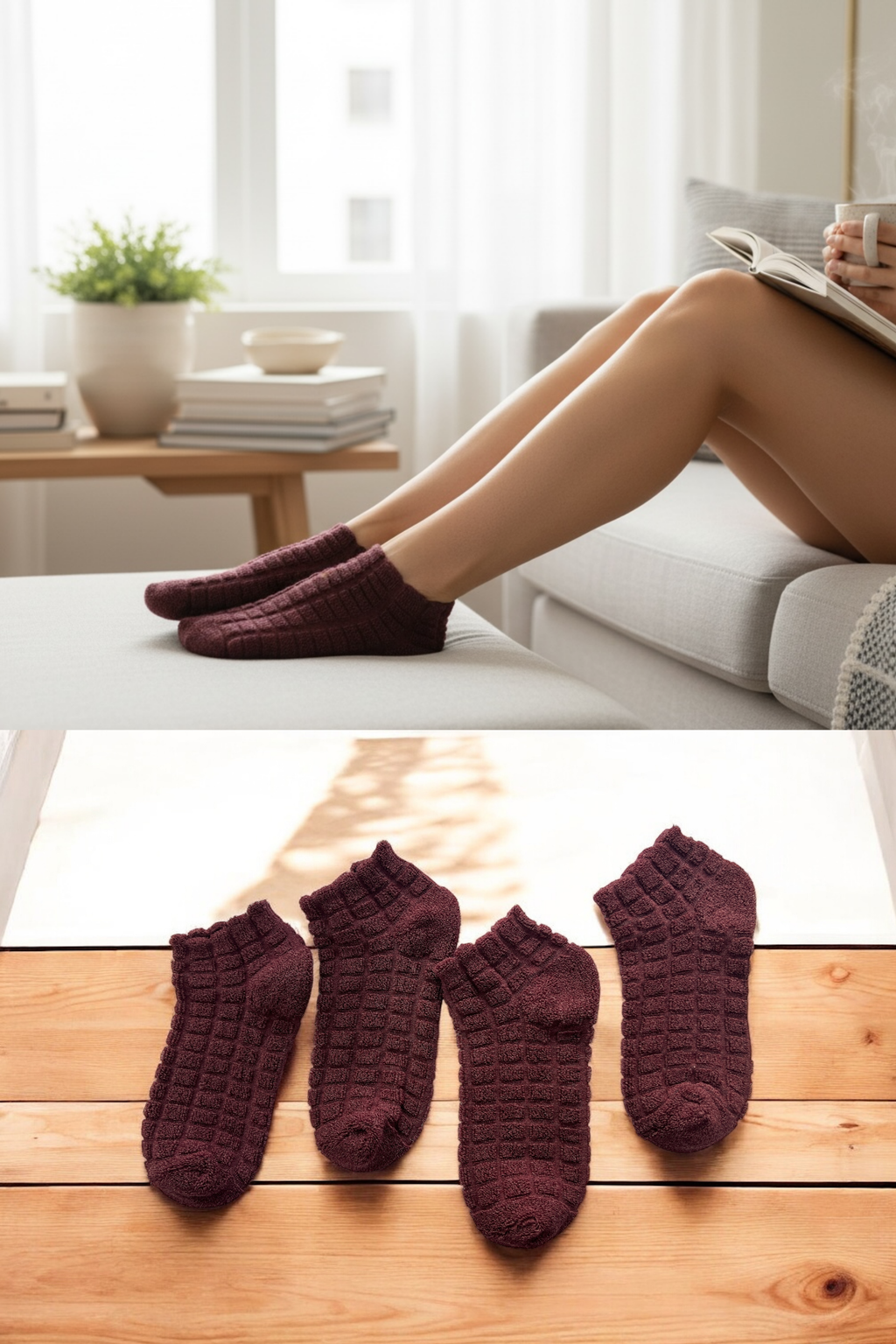 4'lü Kadın Ters Havlu Patik Çorap – Bordo Renk