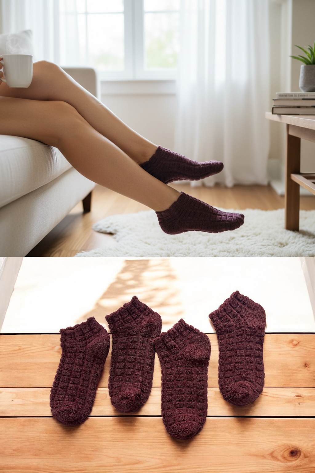 4'lü Kadın Ters Havlu Patik Çorap – Bordo Renk