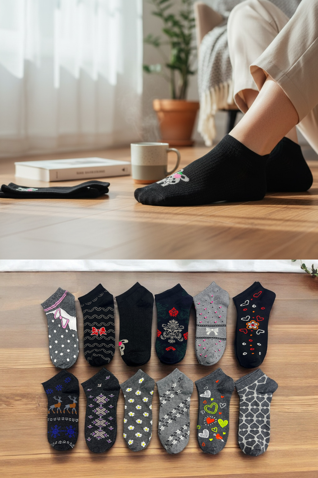 Kadın 8’li Pamuklu Desenli Patik Çorap Seti Rahat Nefes Alan Koyu Renk