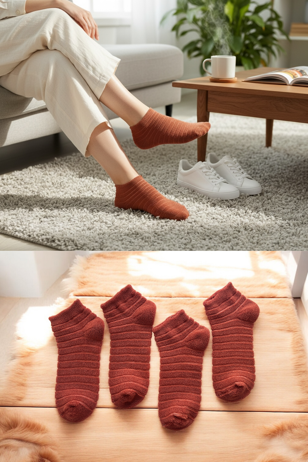 4'lü Kadın Ters Havlu Patik Çorap – Kremit
