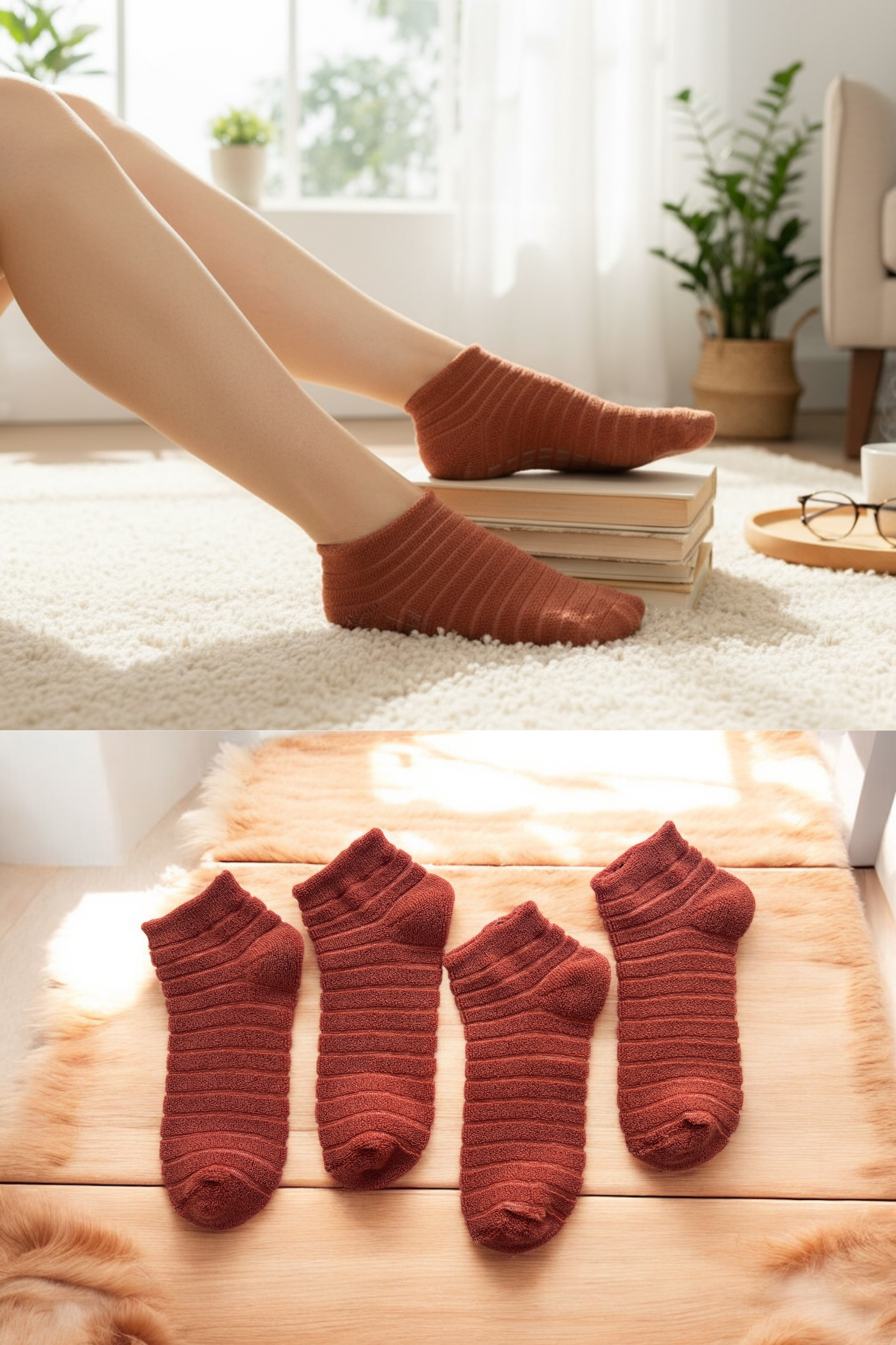 4'lü Kadın Ters Havlu Patik Çorap – Kremit