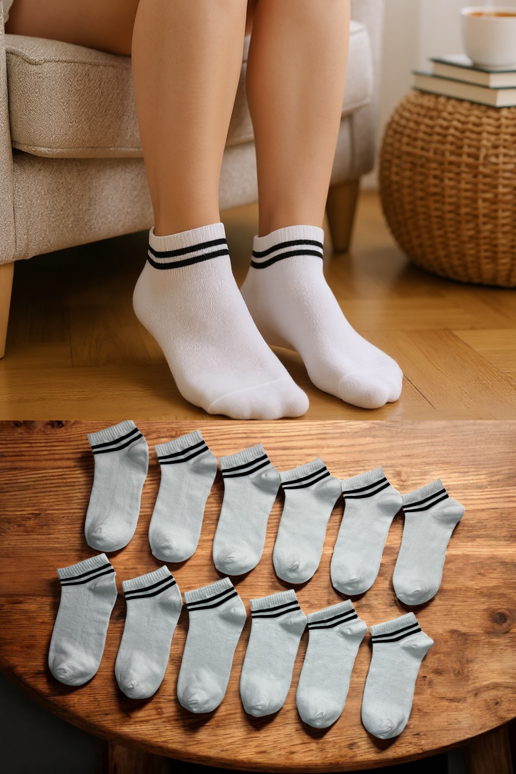 DualStripe Çizgili Beyaz Kadın ve Erkek Patik Çorap – 12’li Paket