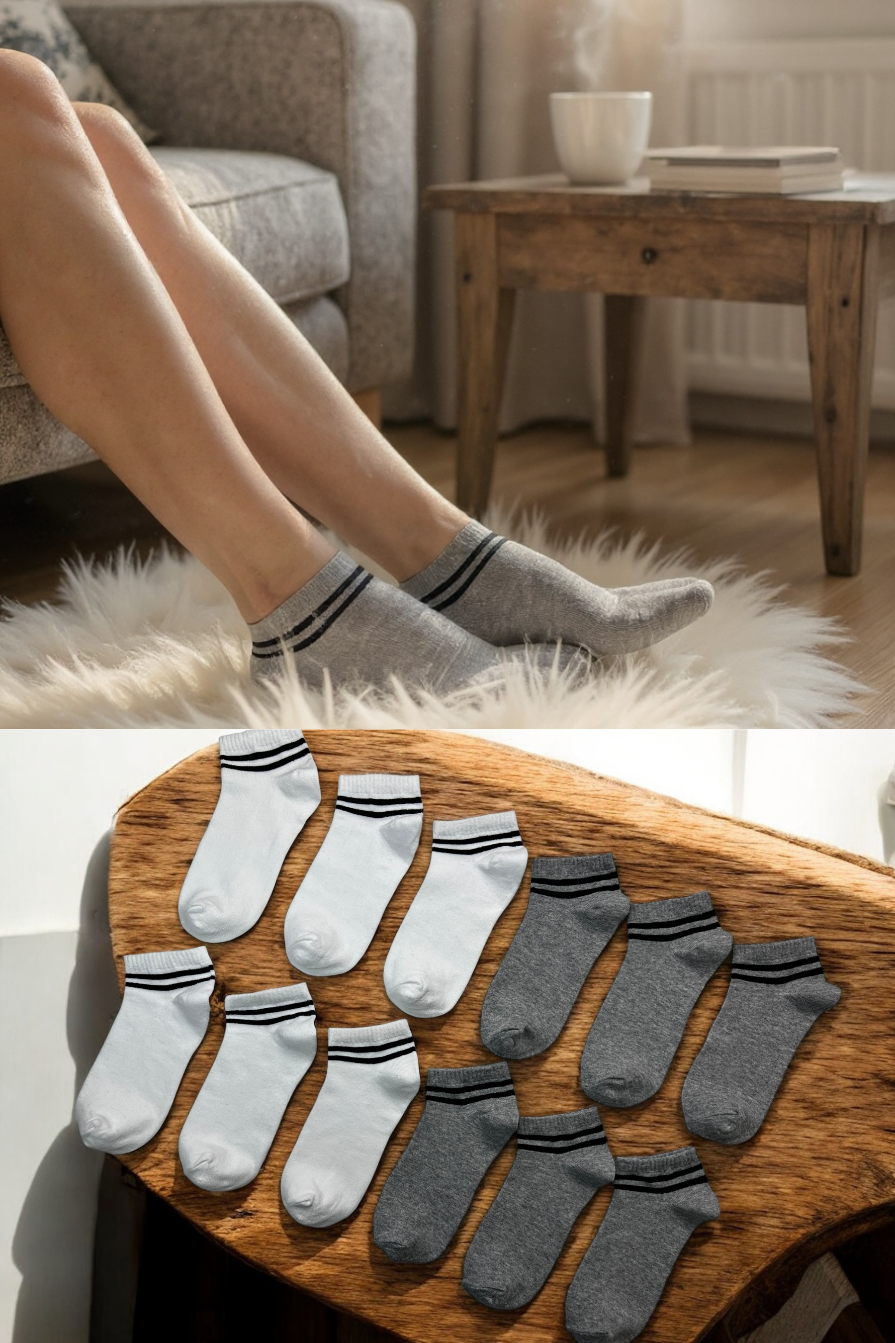 DualStripe Çizgili Beyaz-Gri Kadın ve Erkek Patik Çorap – 12’li Paket