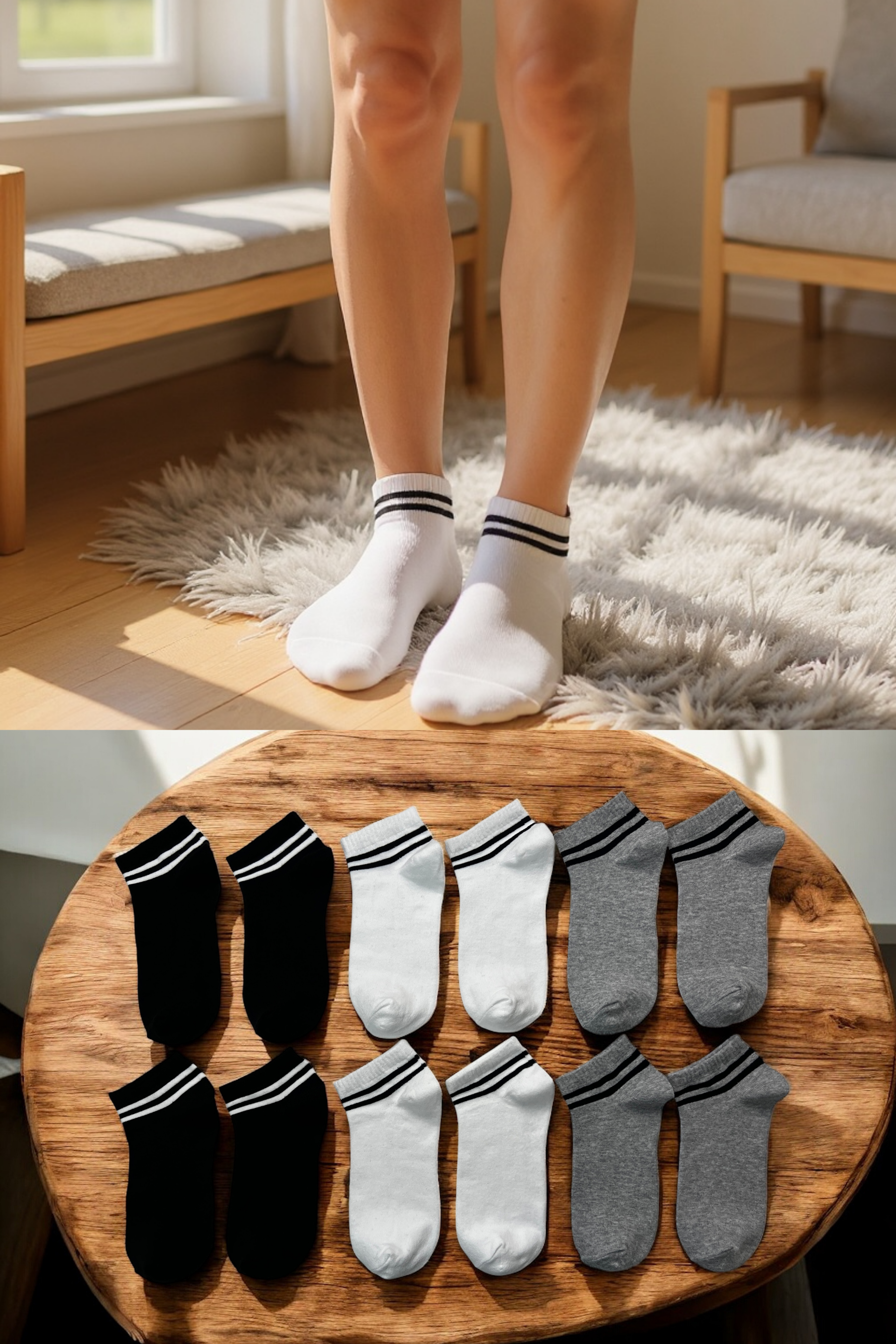 DualStripe Çizgili Siyah-Beyaz-Gri Kadın ve Erkek Patik Çorap – 8’li Paket