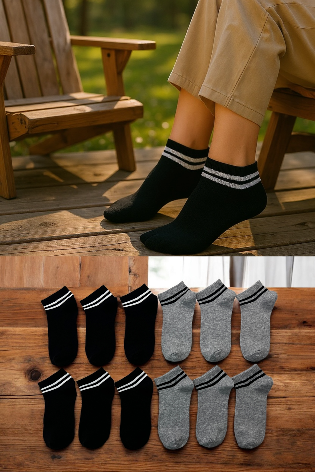 DualStripe Çizgili Siyah-Gri Kadın ve Erkek Patik Çorap – 12’li Paket