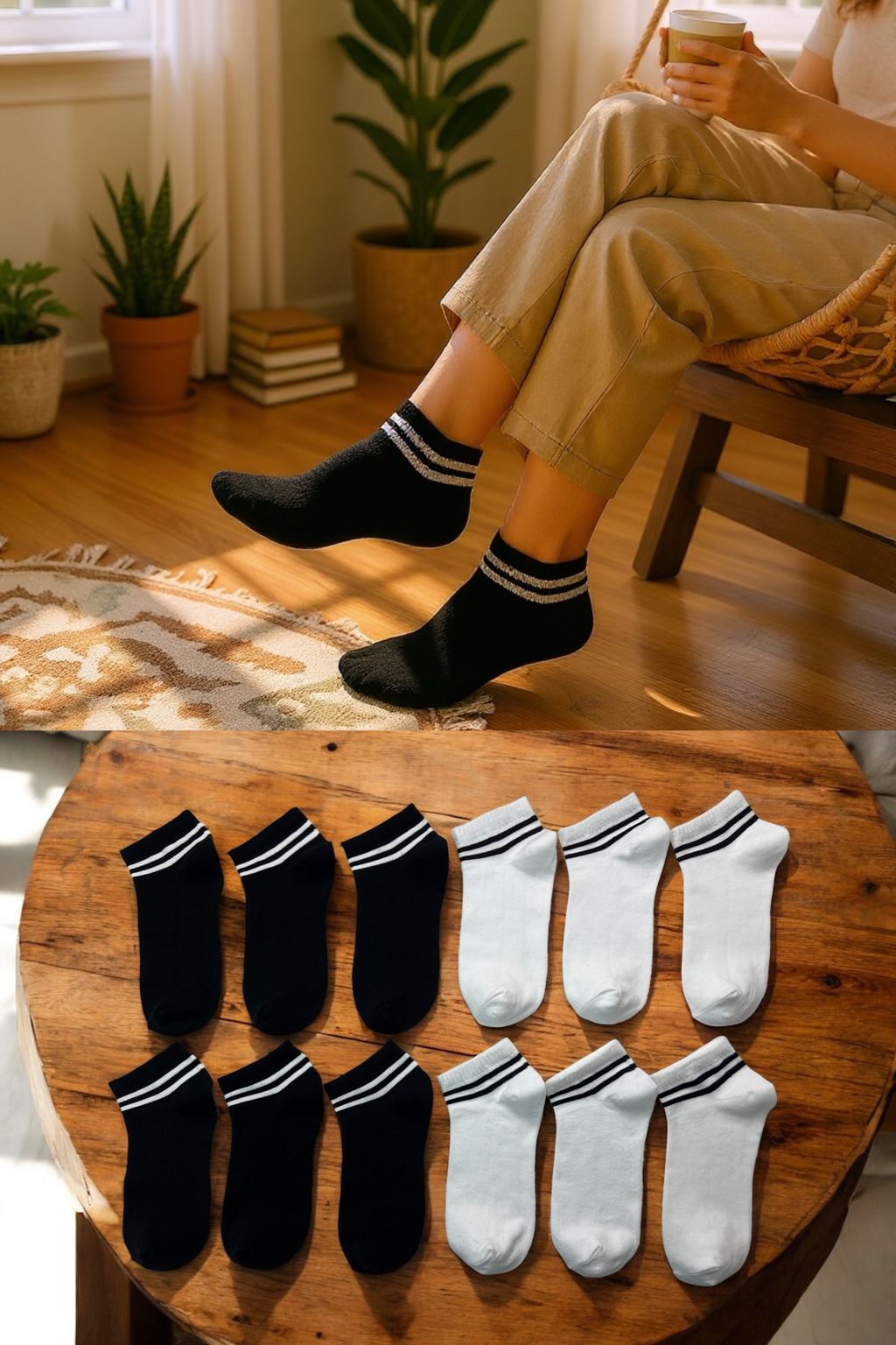 DualStripe Çizgili Siyah-Beyaz Kadın ve Erkek Patik Çorap – 8’li Paket