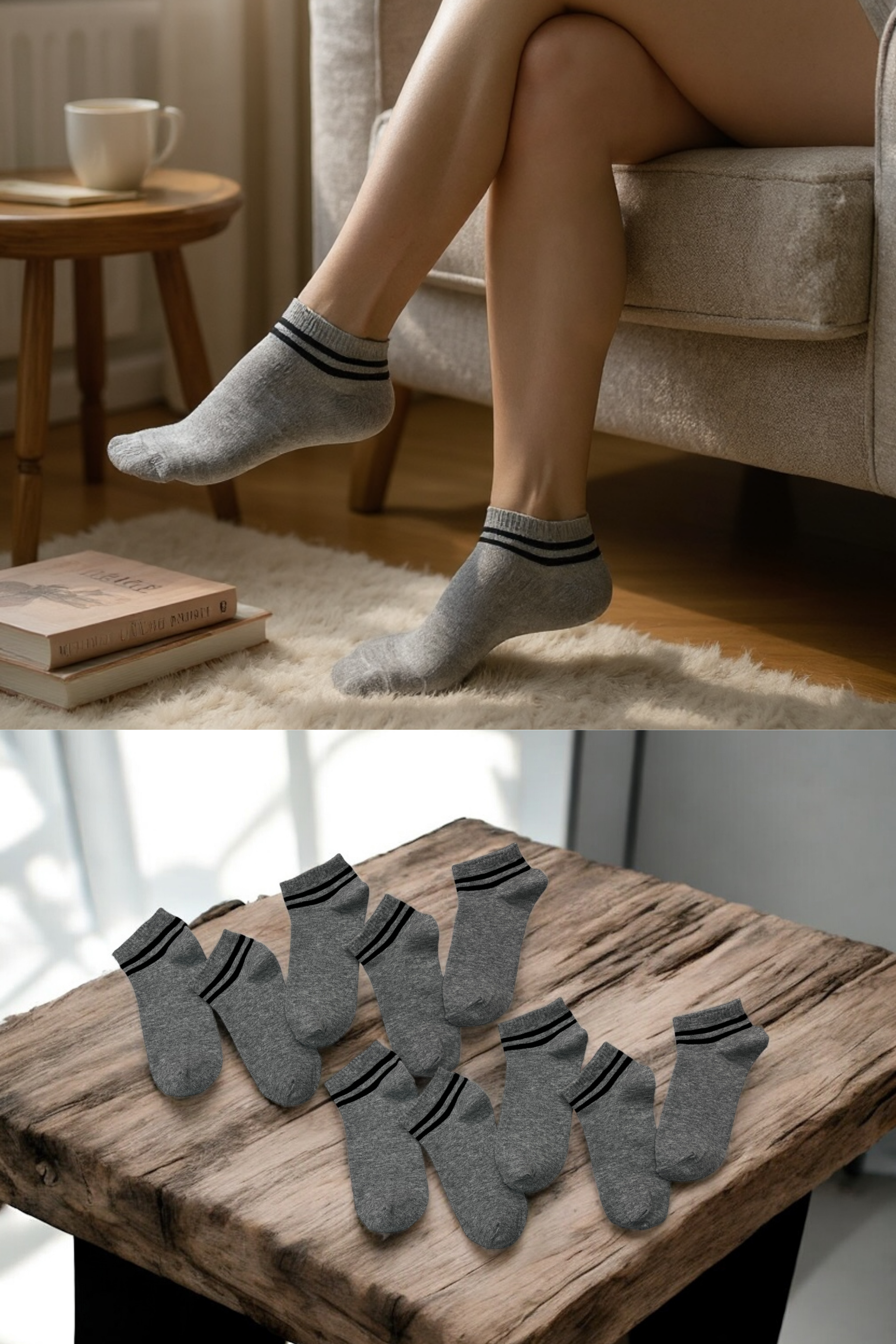 DualStripe Çizgili Gri Kadın ve Erkek Patik Çorap – 12’li Paket