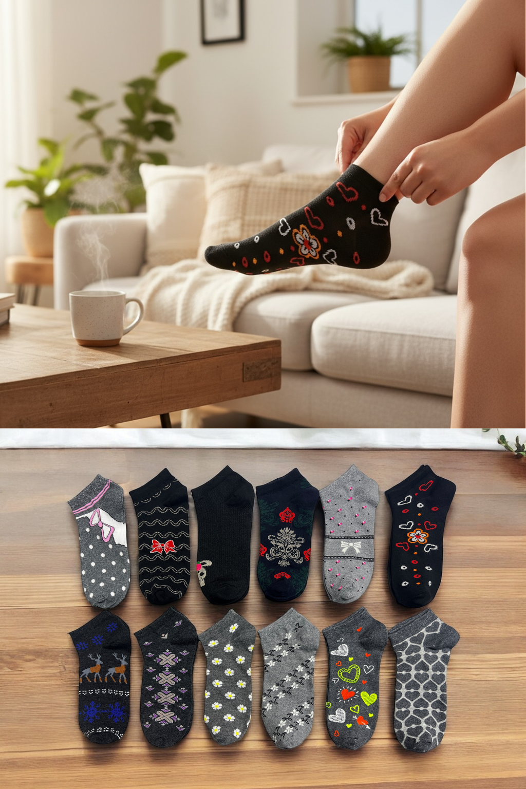 Kadın 8’li Pamuklu Desenli Patik Çorap Seti Rahat Nefes Alan Koyu Renk