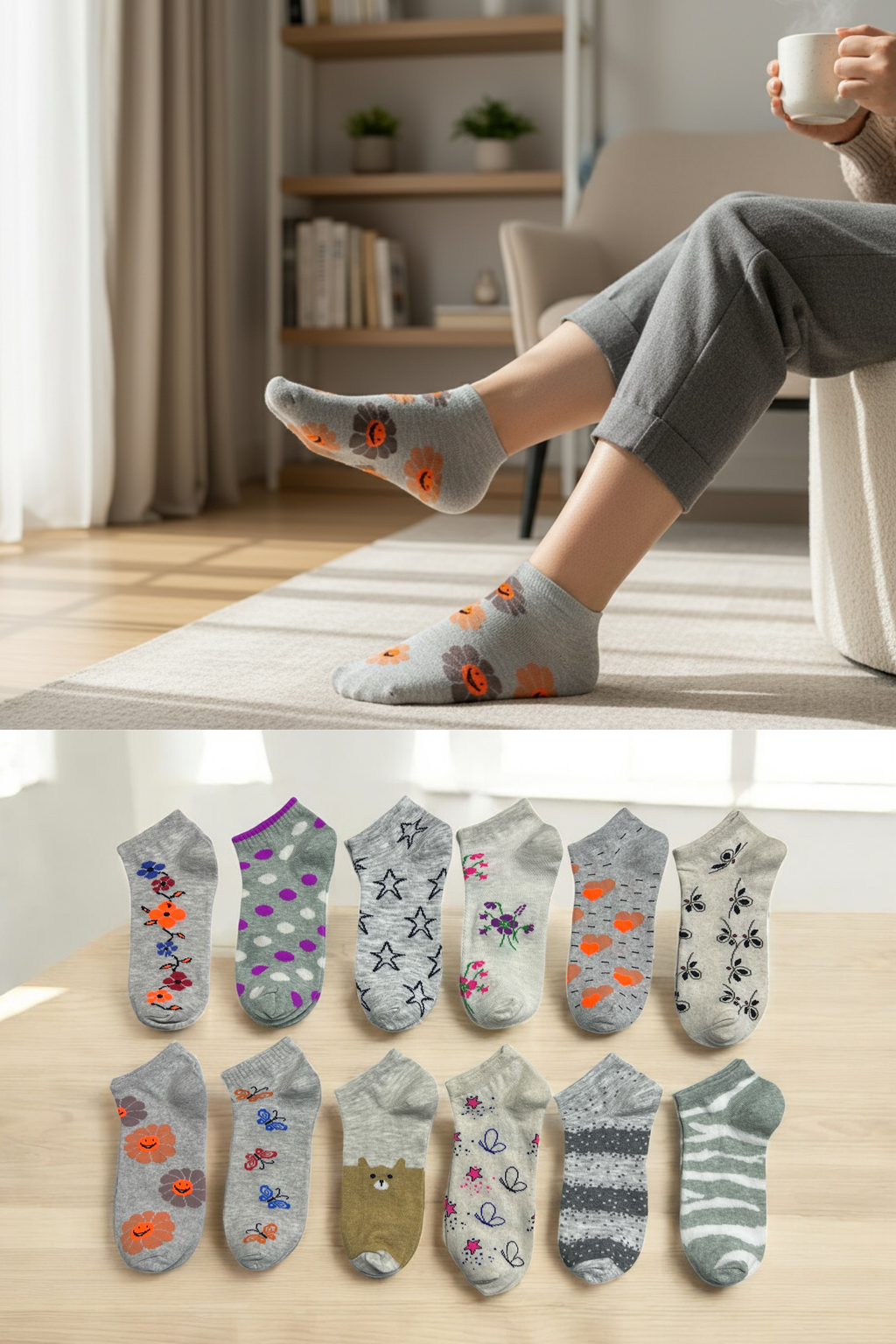 Kadın 8’li Pamuklu Desenli Patik Çorap Seti Rahat Nefes Alan Açık Renk