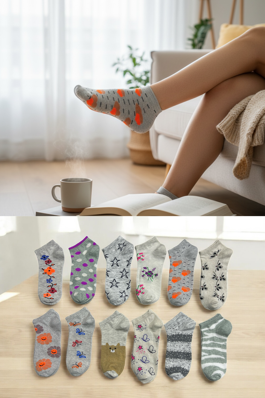 Kadın 8’li Pamuklu Desenli Patik Çorap Seti Rahat Nefes Alan Açık Renk