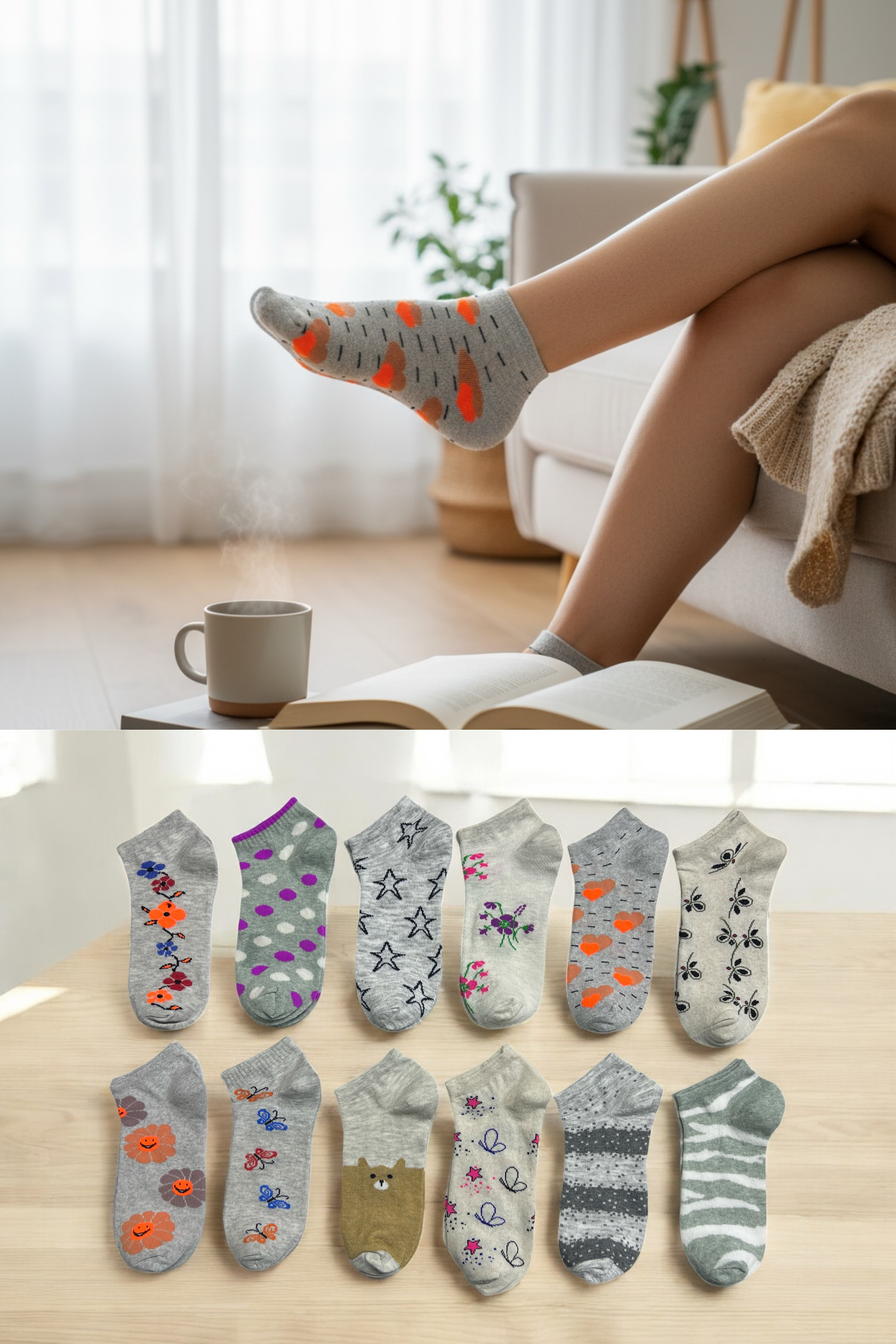 Kadın 8’li Pamuklu Desenli Patik Çorap Seti Rahat Nefes Alan Açık Renk