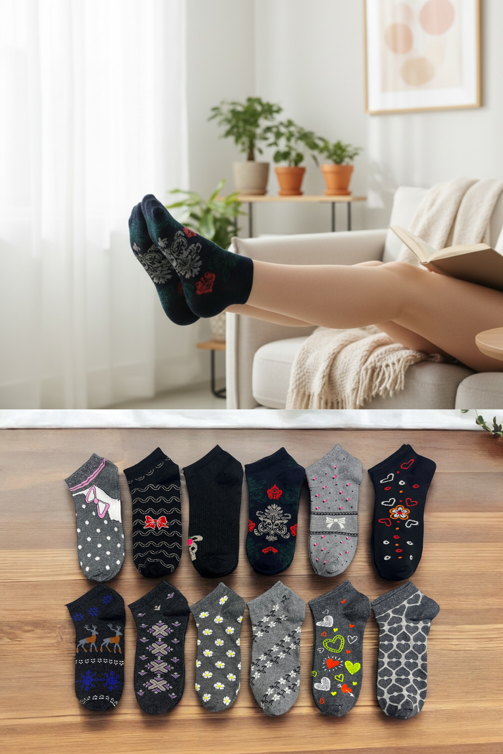 Kadın 8’li Pamuklu Desenli Patik Çorap Seti Rahat Nefes Alan Koyu Renk