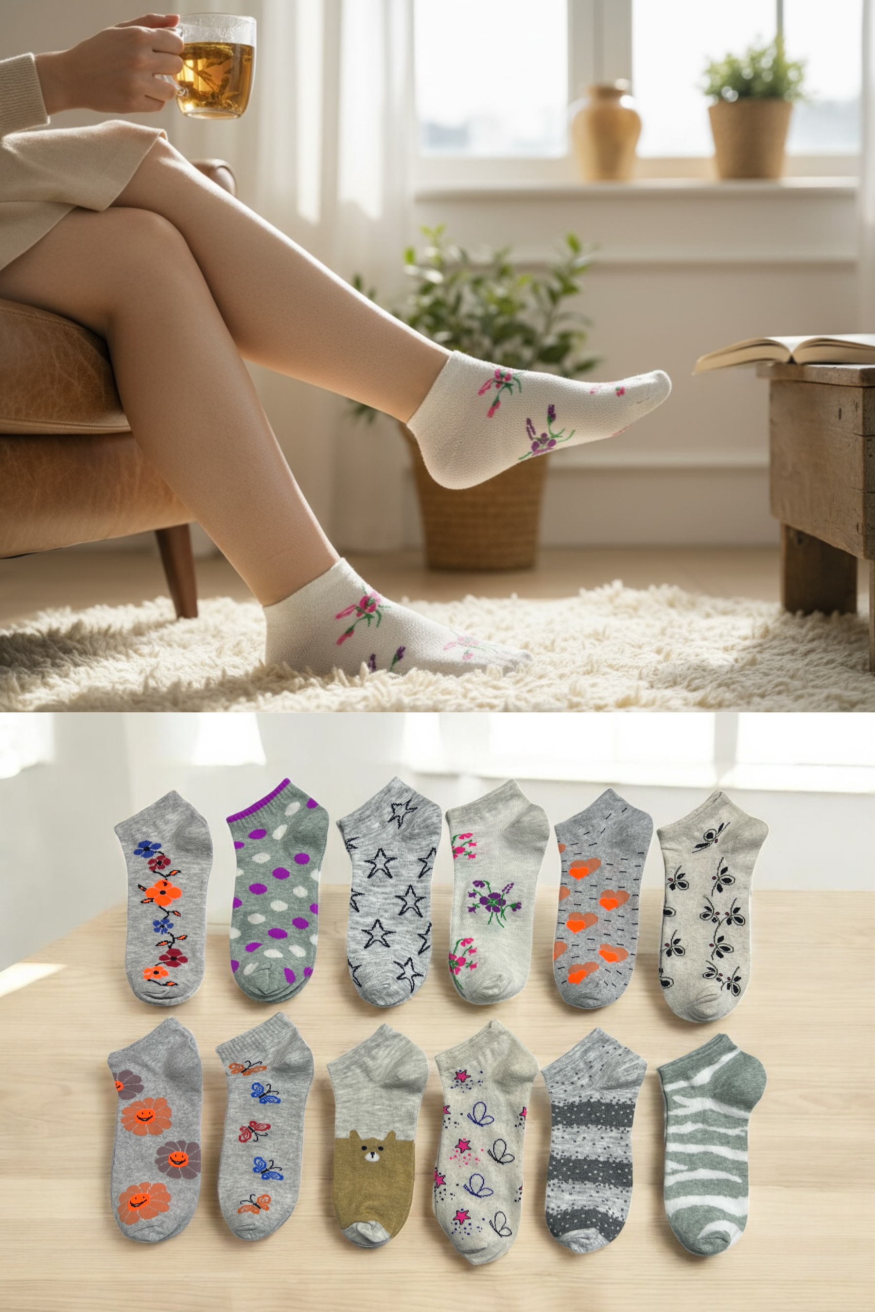 Kadın 8’li Pamuklu Desenli Patik Çorap Seti Rahat Nefes Alan Açık Renk